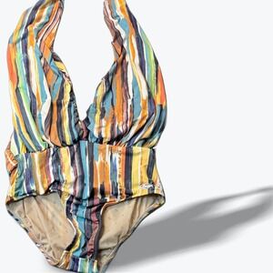 Sauipe Eva Deep Plunge One Piece Swimsuit Picasso Print Brazilian Slimming Med